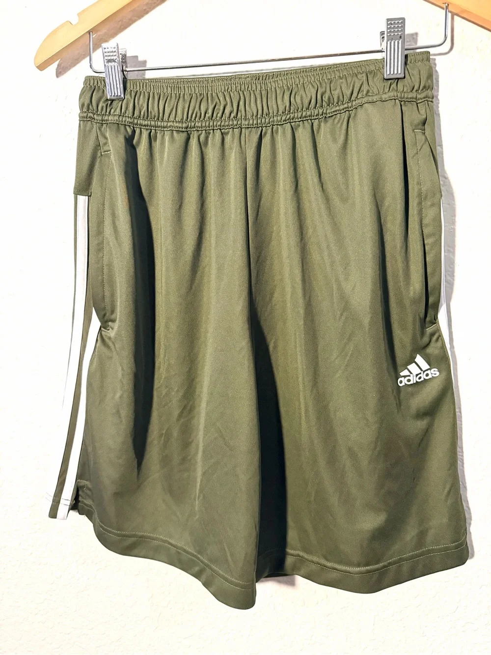 adidas Men’s Olive Athletic Shorts with 3 White Stripes NWOT